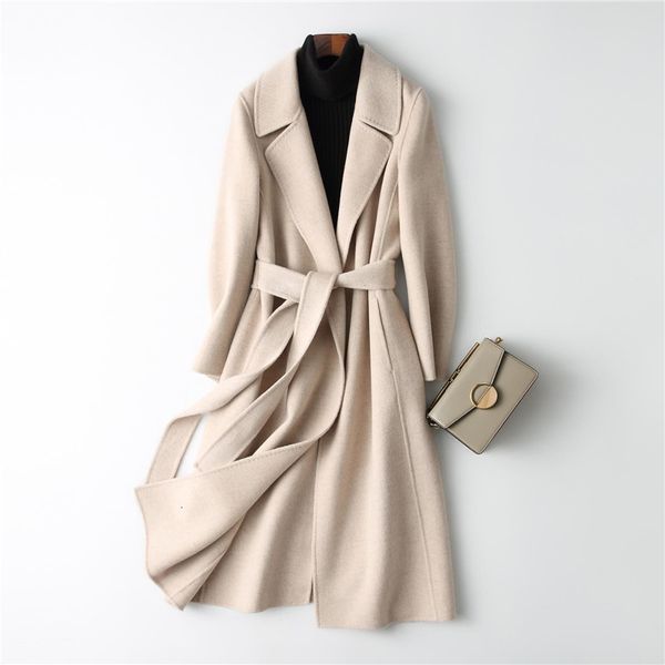 

women's jackets korean woolen coat winter double sided cashmere elegant long sleeve with belt wool jacket overcoat g440 8omf, Black;brown