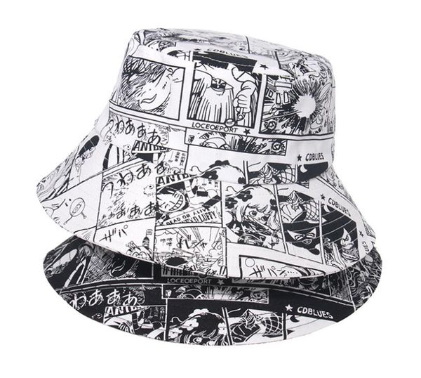 

cartoon print manga cute stingy brim women hats tide summer autumn outdoor leisure cotton fisherman hat couple sun caps, Blue;gray