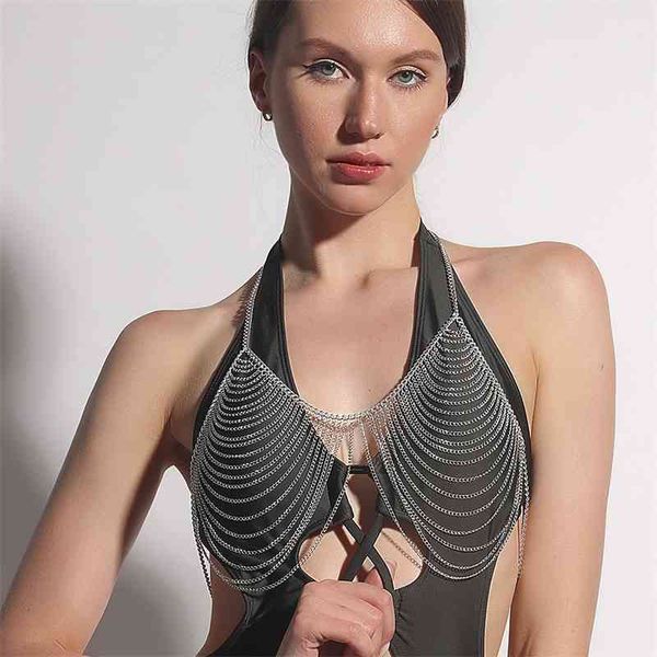 

jewelry golden multi-layer exaggerated tassel long metal body chain, Silver