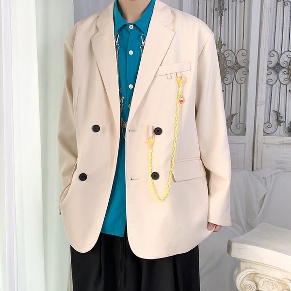 

Men's Casual Suit Loose Korean Style All-match Simple 2021 Autumn New Large Tops Chains Black Beige Streetwear Daily Blazer, White;black