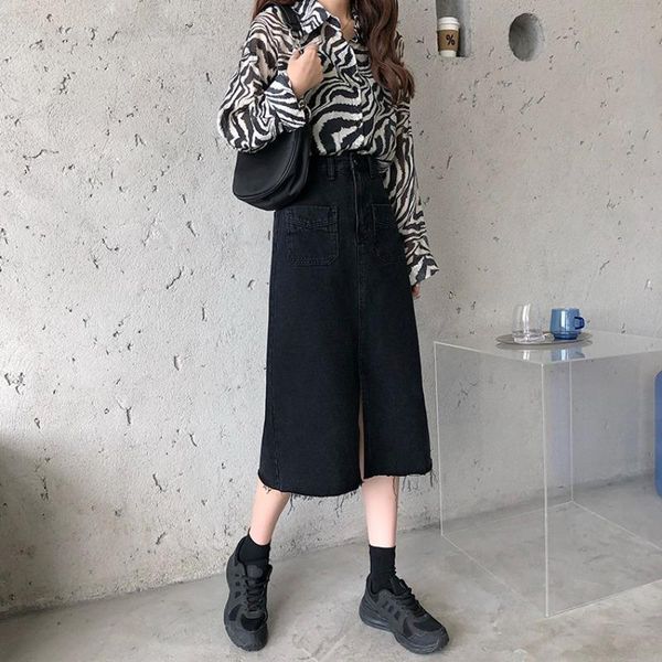 

high waist skirt women's 2021 spring korean versatile denim loose and thin college style a-line fashion skirts, Black