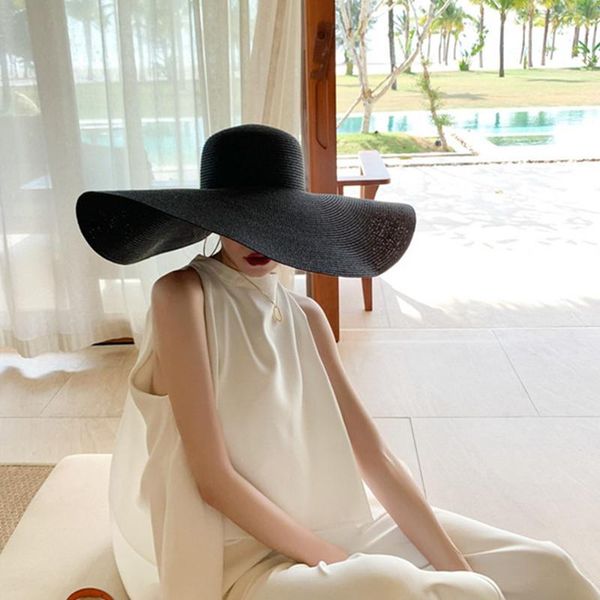 

wide brim hats trend ins large plus oversize straw hat summer holiday beach sunscreen visor caps sun protection gorro, Blue;gray