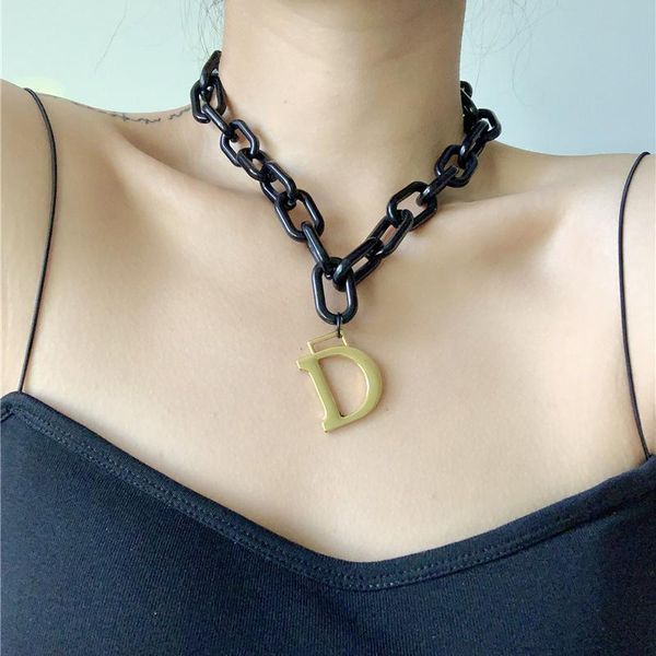 

hip hop exaggerated acrylic black thick chain necklace metal letter b pendant fashion women clavicle necklaces, Silver