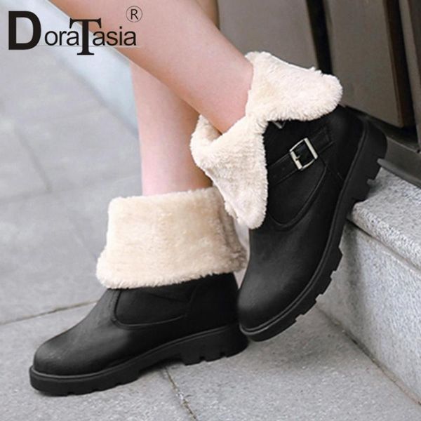 

boots doratasia winter warm fur female ankle 2021 fashion concise casual women chunky heels buckle plush shoes woman, Black