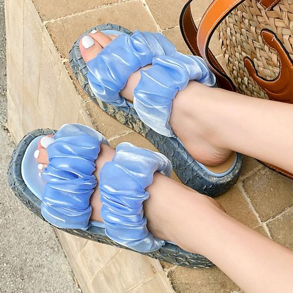 

slippers rimocy women's satin pleated thick platform summer fashion square toe bottom woman sandals non slip slides ladies, Black