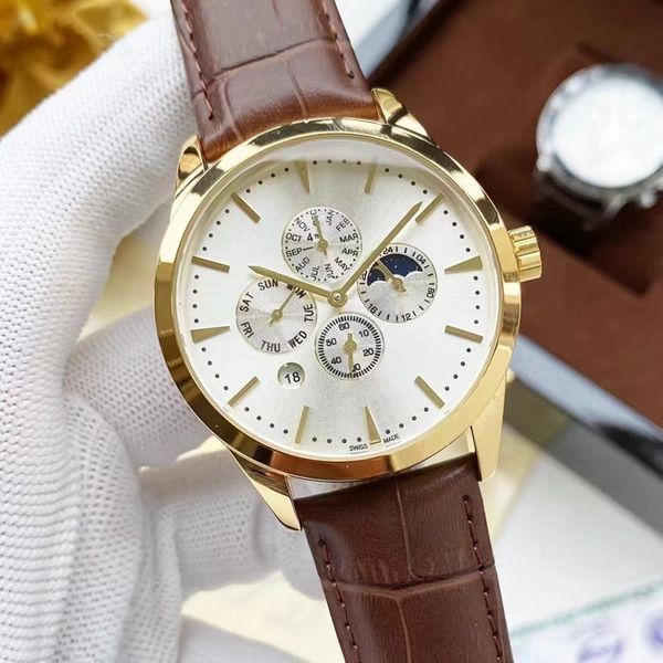 2023 Novos relógios masculinos de luxo sete pontos Automático relógio mecânico Relógio Relógio de alta qualidade Luxury Brand Leather Strap Fotion Moon Fase Função