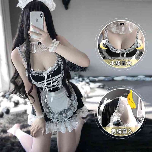 

lingerie maid uniform role play lace deep v hollow out fun suit, Black;white