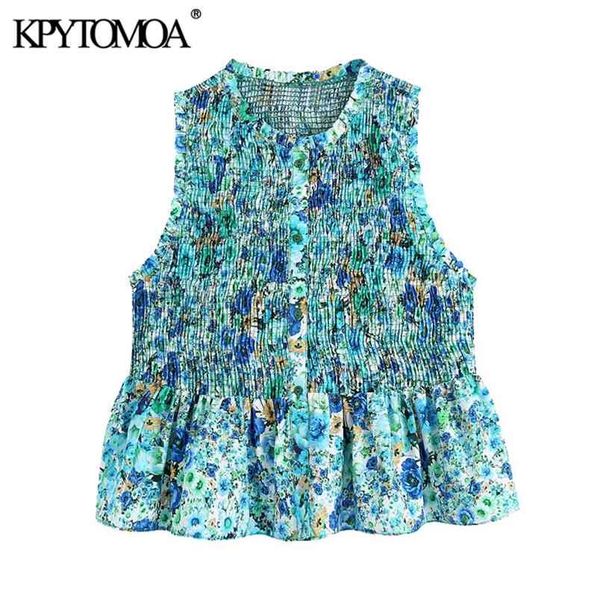 

women fashion floral print ruffled smocked elastic blouses sleeveless button-up female shirts chic 210420, White