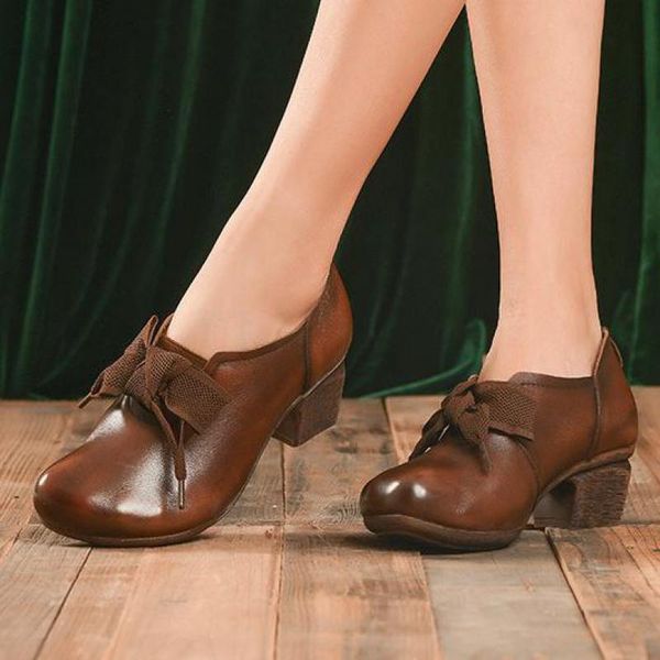 

dress shoes johnature platform heels pumps women retro lace-up 2021 spring genuine leather round toe casual shallow ladies, Black