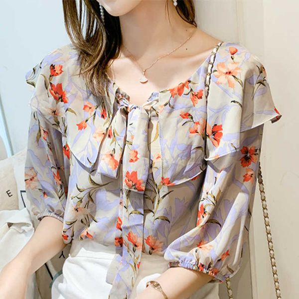 

blusas mujer de moda short sleeve summer blouse women v-neck print chiffon blouse women shirt womens and blouses c786 210602, White