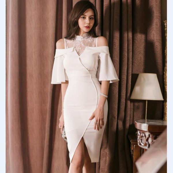 

party dresses summer autumn lace patchwork split pencil dress women cold shoulder bodycon see through sheath vestidos 2ps4, White;black