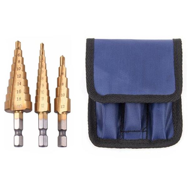 

hlzs-3pc hss step cone taper drill bit set metal hole cutter metric 3-12 4-12 4-20mm 1/4 inch titanium coated hex professional bits