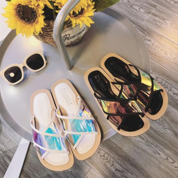 

korean style laser shiny leather slippers summer ladies cross belt flat shoes open toe one-line sandals female, Black