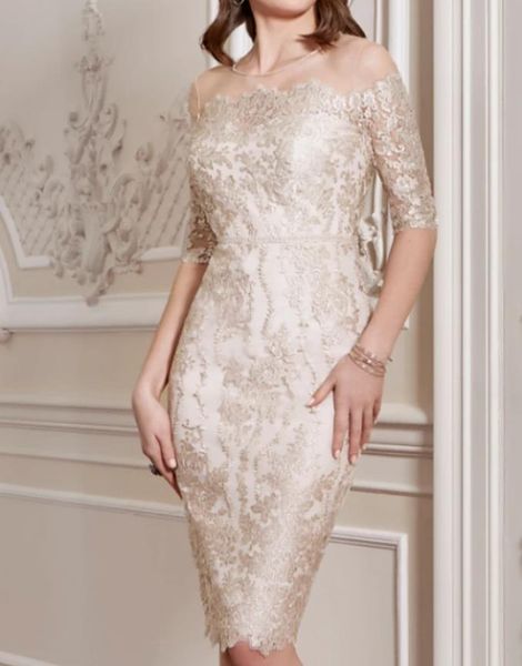 

sheath / column mother of the bride dress vintage jewel neck knee length satin half sleeve with appliques 2021 c037, Black;red