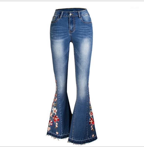 

s/4xl women 3d printing embroidery trumpet jeans large size full length female high waist flower denim flare pant s107 women's, Blue