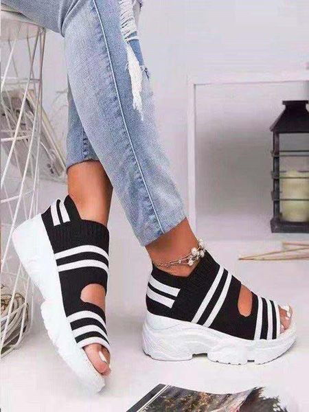 

sandals women's shoes stretch fabric slip on hollow out peep toe thick bottom casual cover heel ladies female 2021, Black