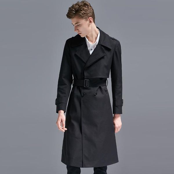 

men's wool & blends kahki male trench luxury overlength solid color casual mens jackets and coats fashion spring autumn man with belt, Black