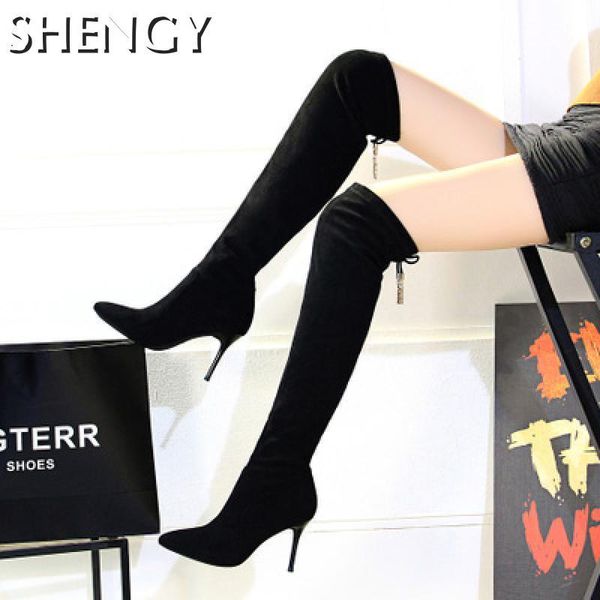 

boots 2021 winter women black thigh high female pointed toe elastic sock lacing stiletto ladies over the knee