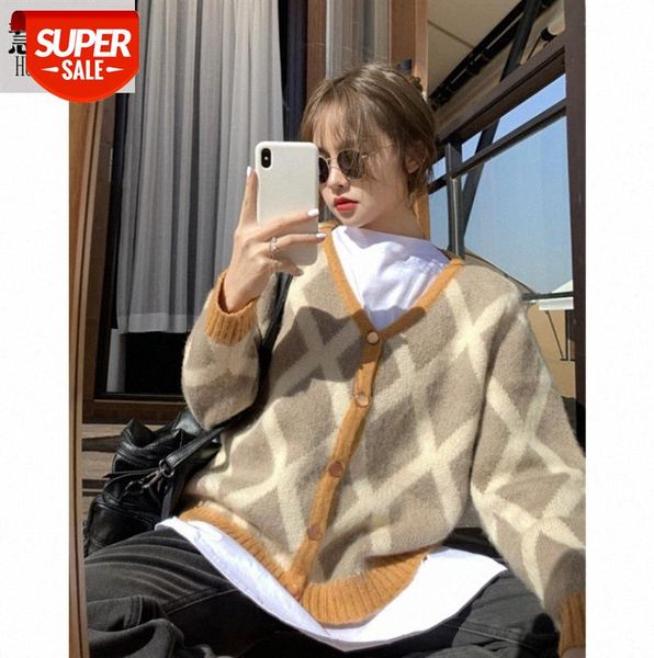 

retro diamond plaid sweater jacket korean version loose and thin v-neck color matching long-sleeved knitted open #iv5k, Black;gray