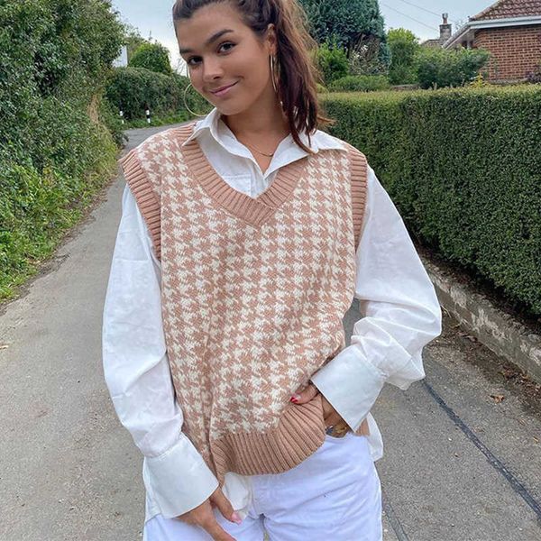 

women's sweaters elegant vintage plaid with loose-v sweater girl waistcoat -style preppy winter without sleeves fancy korean casual 9j, White;black