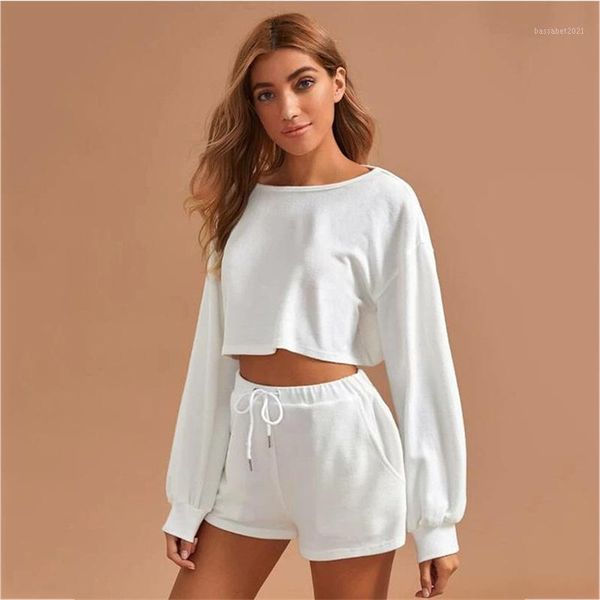 

women's tracksuits pure color round neck short two-piece casual long-sleeved drawstring sweater suit comfortable home service, Gray