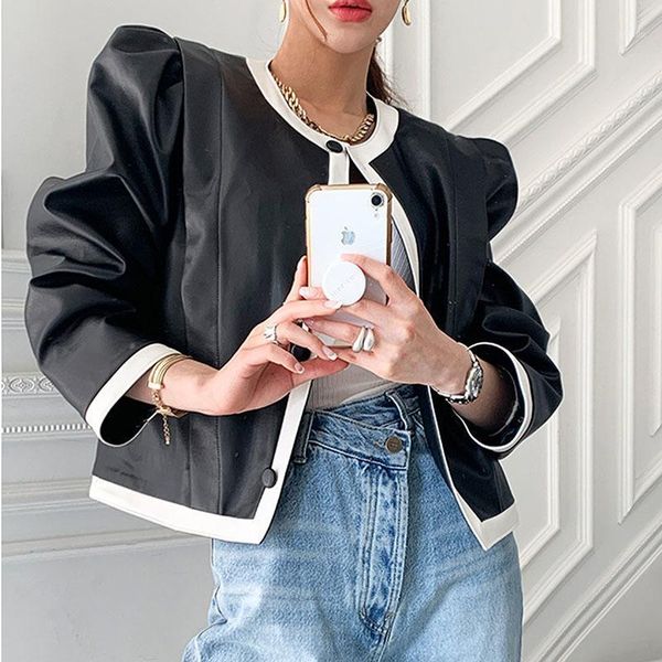 

women's leather & faux women fashion puff sleeve o neck single-breasted jacket spring autumn korean color contrast biker female, Black