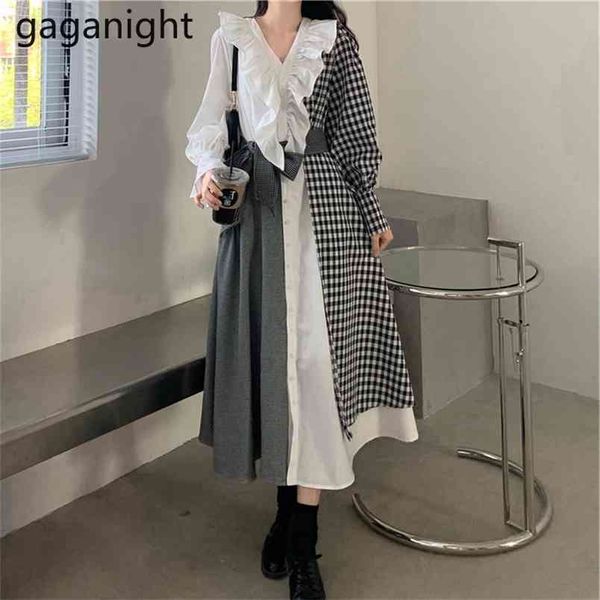 

woman plus size plaid elegant dress long sleeve v neck mid-claf vestido female ruffles irregular party robe 210601, Black;gray