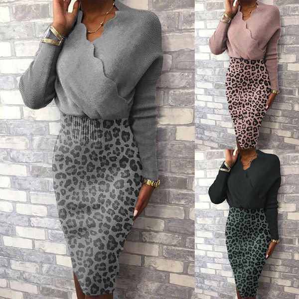 

women's fashion leopard stitching long sleeve hip wrap high waist dress, Black;red