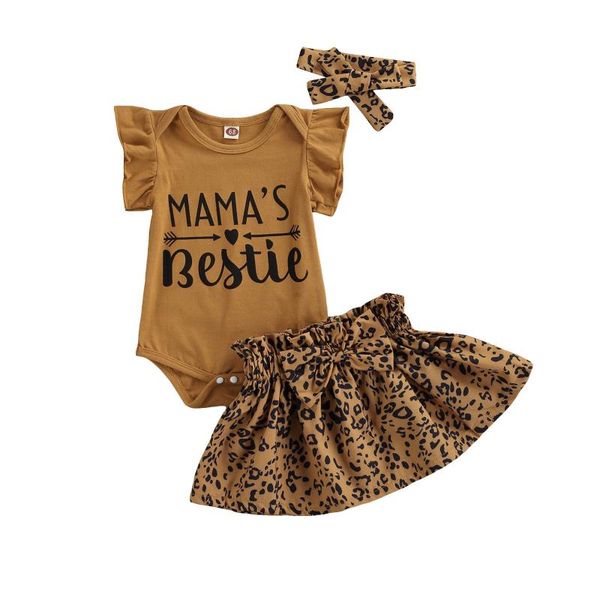 

clothing sets infant kids baby little girls outfit, round collar sleeve letter printing romper + leopard print short skirt headwear, White