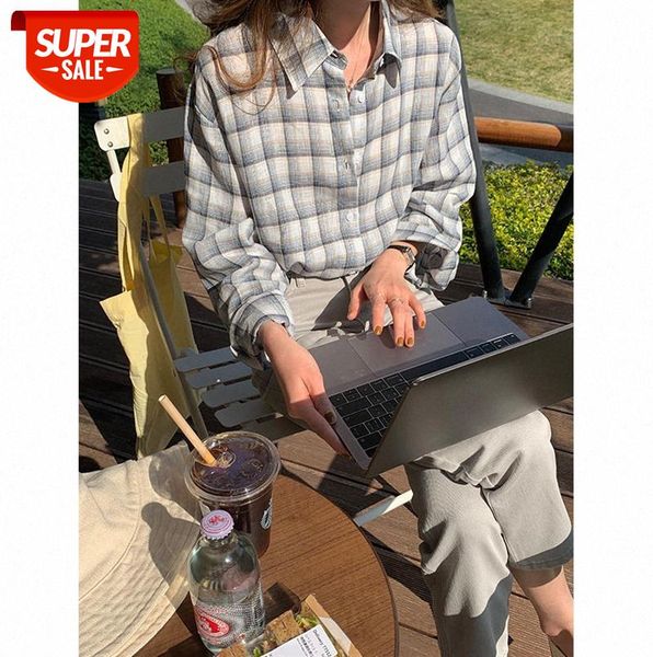 

tg korean style plaid shirt women casual long-sleeved lapel loose 13372 #re5s, Black;gray