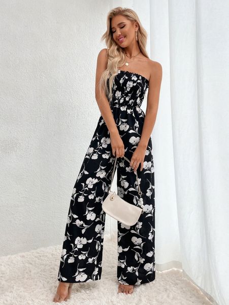 

allover floral print shirred bodice wide leg tube jumpsuit s3aj#, White