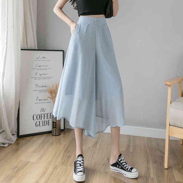 

women's pants & capris elegant solid summer chiffon women fashion elastic high waist wide leg culottes purple black white blue tro