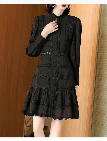 

casual dresses novia party 2021 spring summer fashion club women tassel lace embroidery patchwork long sleeve black white button dress vinta, Black;gray