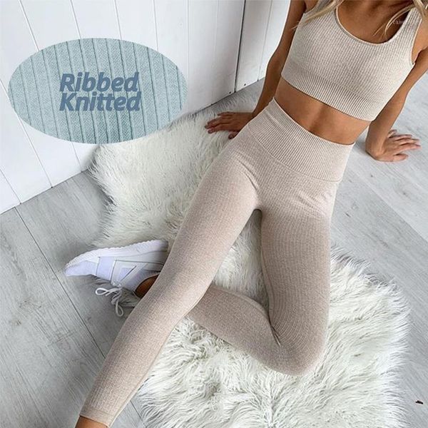 

seamless yoga set women knitted ribbed fast dry workout sportswear gym clothing fitness long sleeve crop high waist leggings1, White;red