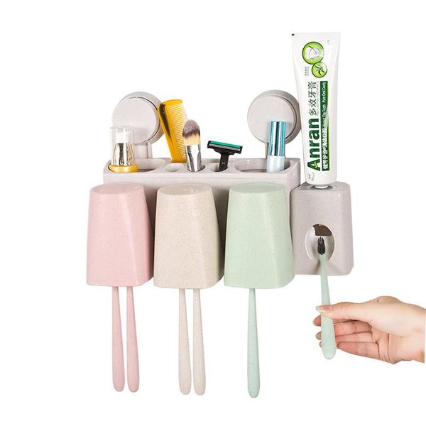 

bath accessory set automatic toothpaste dispenser toothbrush holder suck wall mount storage rack bathroom racks rinse cup