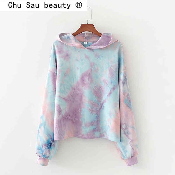 

casual tie dye print women hooded jackets autumn fashion cotton hoodie sweatshirts long sleeve ladies pullovers 210508, Black