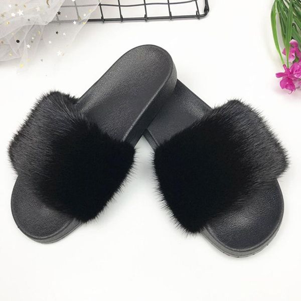 

slippers slides summer fluffy soft women shoes outdoor furry sandals ladies flat mule luxury 2021 large size, Black