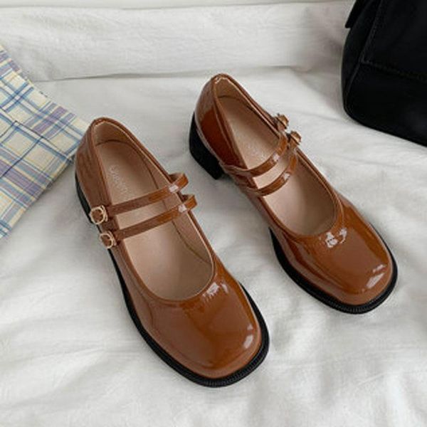 

dress shoes japanese summer women mary jane leather platform block high heel belt buckle retro british style single, Black