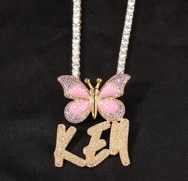 Benutzerdefinierte Name A-Z Doppelschicht Steine Kursive Buchstaben Anhänger Halskette mit Schmetterling Hoop Für Männer Frauen Geschenke Zirkonia Halskette