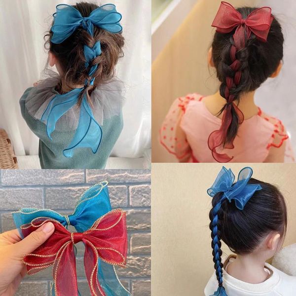 

hair accessories 2pcs/set big ribbon chiffon bows with belt girls clips sweet barrettes princess hairpin 2021, Slivery;white