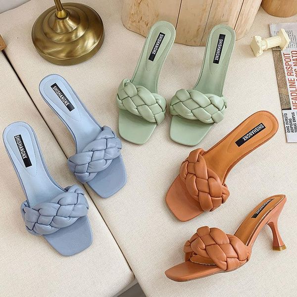 

dress shoes weave designer women slipper ladies thin high heel sandal 2021 summer slip-on open toe brown outdoor slides flip flop shoe, Black
