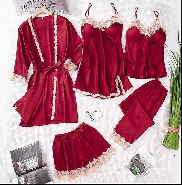 

pajamas sleep sets spring women sleepwear robe kimono 5pcs strap pants casual home wear nightwear bath gown, Black;red