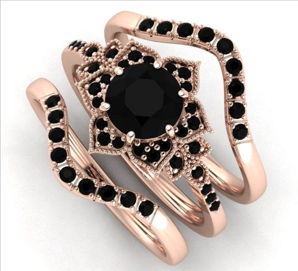 

wedding rings fashion ladies set ring inlaid rose gold black flower-shaped zircon 2021 latest engagement anniversary, Slivery;golden