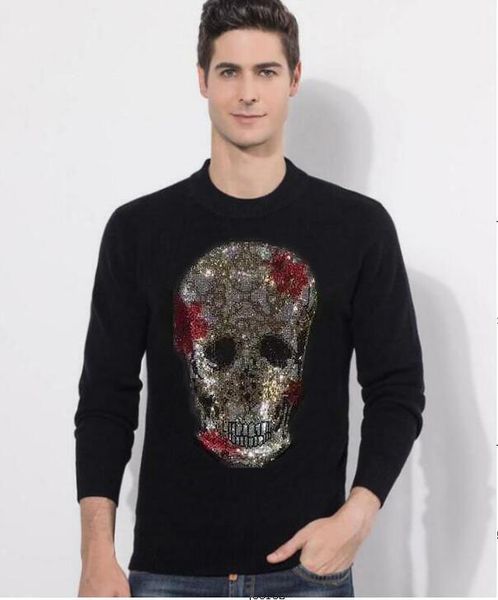 

men's sweaters men rhinestones sweater winter warm knitted mens slim solid black drill clothing, White;black