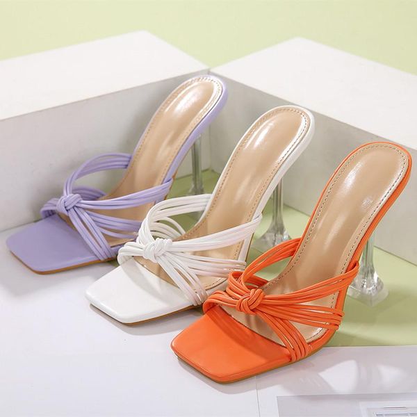 

women slippers transparent high heels luxury narrow band slides indoor outdoor beach 2021 shoes slip on square sandals, Black