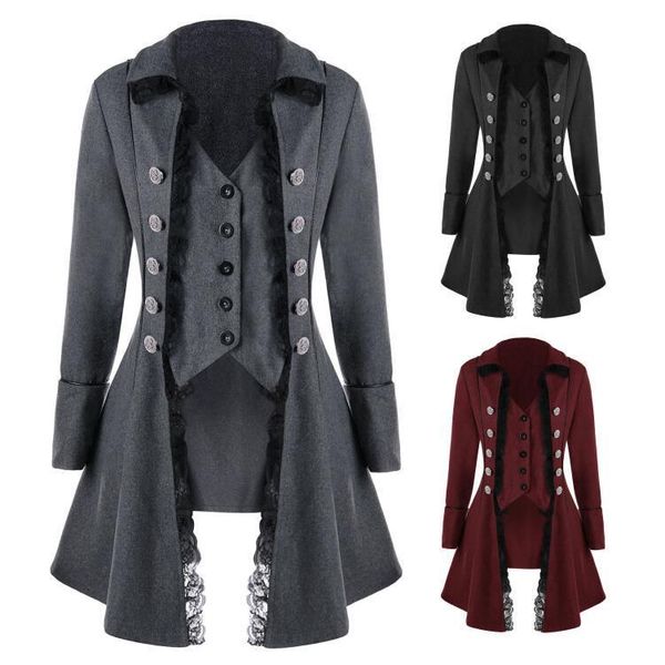 

women's trench coats 2021 autumn style medieval solid color long-sleeved three-breasted ladies coat irregular clothes for women, Tan;black
