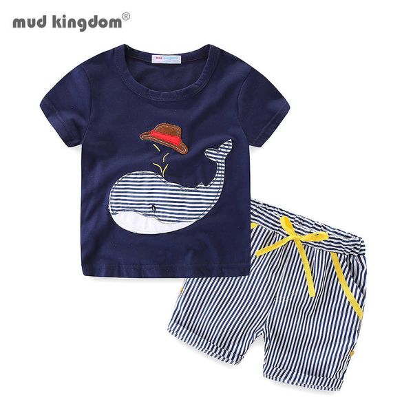 Mudkingdom Jungen-Outfits, niedliches Cartoon-Wal-Muster, T-Shirts, gestreifte Sommershorts, Set 210615