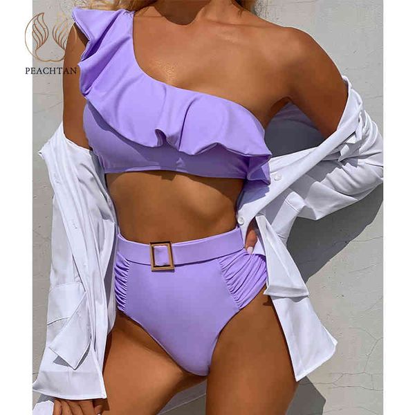 Peachtan Costume da bagno monospalla donna Bikini a vita alta 2021 Costumi da bagno cintura donna Biquini viola Costume da bagno a fascia con volant nuovo X0522