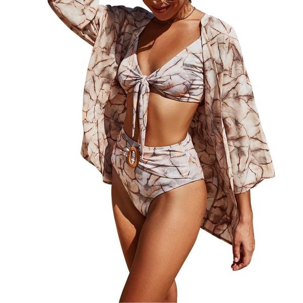 

women's swimwear women bikini long-sleeved blouse with chic print loose fit casual cover-ups sunscreen shirt, White;black