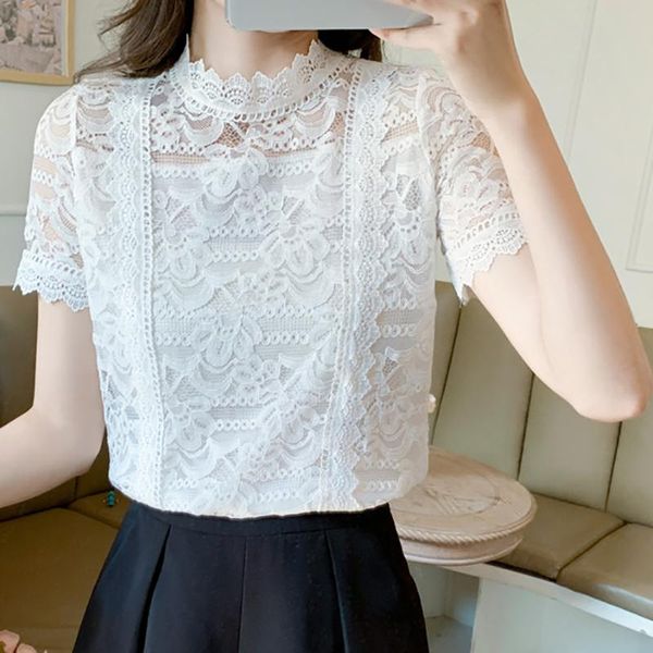 

women's blouses & shirts fashion lace shirt women short sleeve clothes summer 2021 hollow out blouse woman ladies white chemisier femm